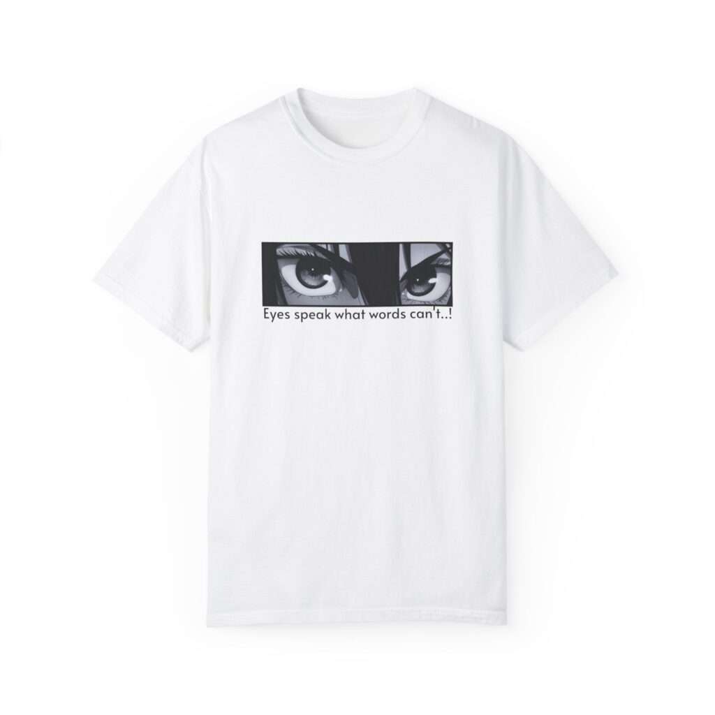 Read more about the article Riko Amanai Character Design Unisex Garment-Dyed T-shirt with ‘Eyes speak what words can’t’ Quote