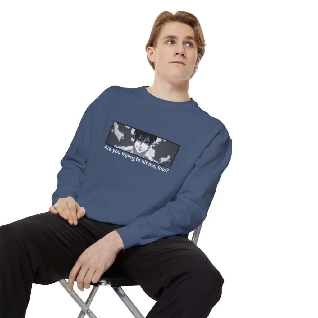 Read more about the article Tojo Fushiguro Inspired Unisex Sweatshirt with ‘Are you trying to hit me, fool? Quote