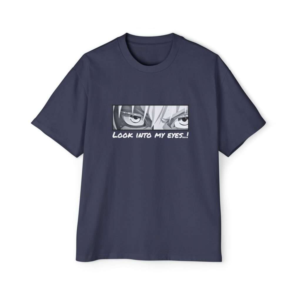 Read more about the article Satoru Gojo Eyes Design Men’s Heavy Oversized Tee with ‘Look into my eyes’ Quote