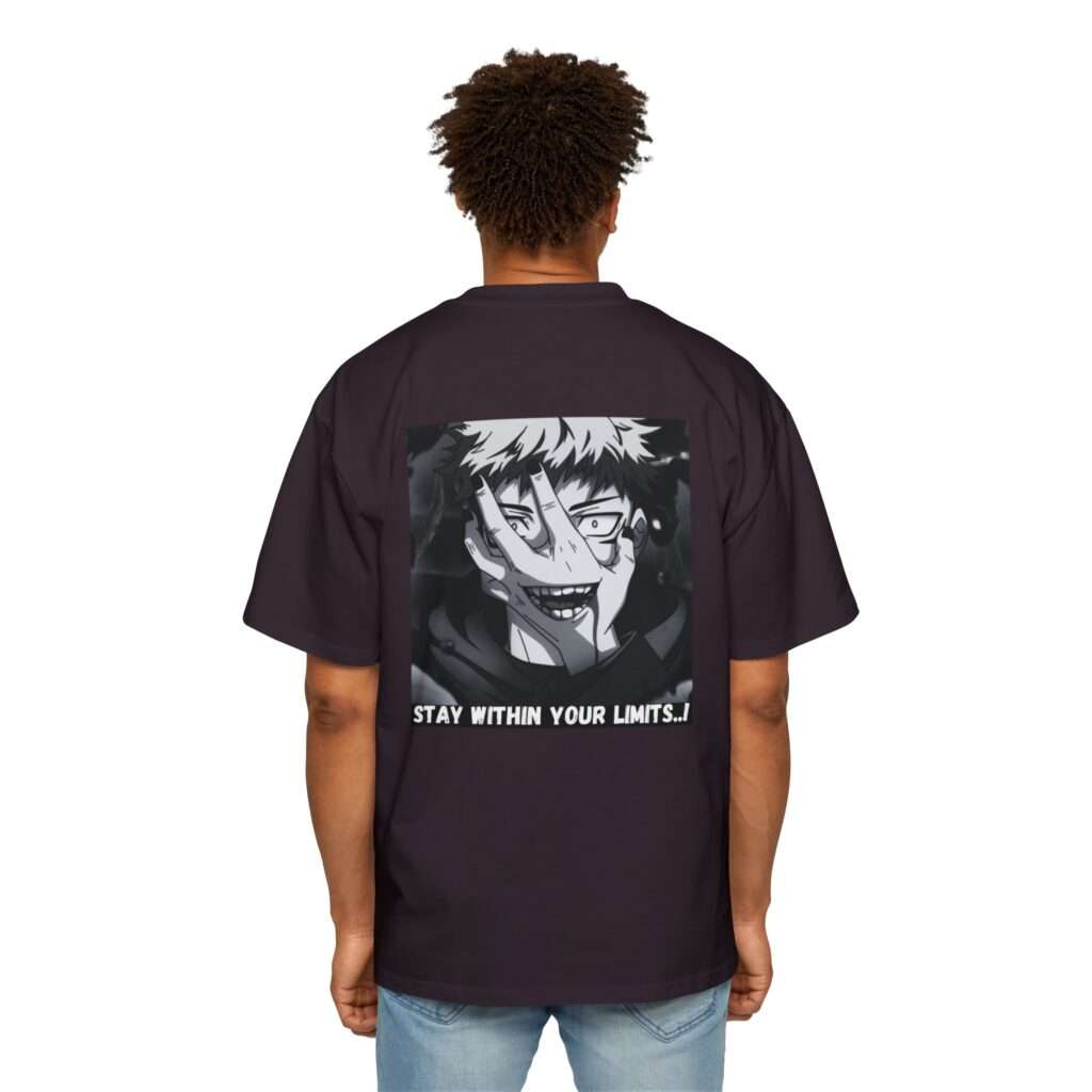 Read more about the article Men’s Heavy Oversized Tee with Sukuna Character Design and ‘Stay Within Your Limits’ Quote