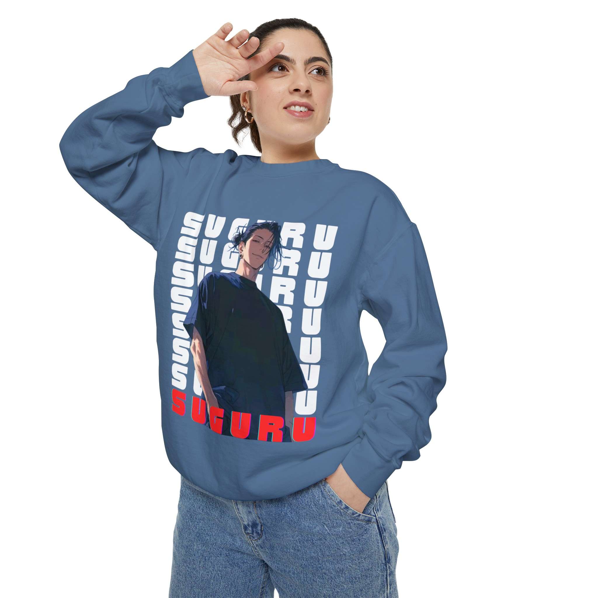Unisex Garment-Dyed Sweatshirt Featuring Bold Suguru Geto Design